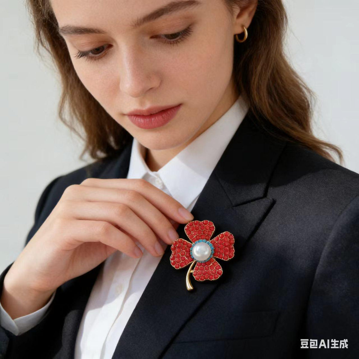 Imitation Turquoise Four-Leaf Flower Brooch Female Inlaid High-Grade Exquisite Freshwater Pearl Pin Suit Coat Corsage Pin