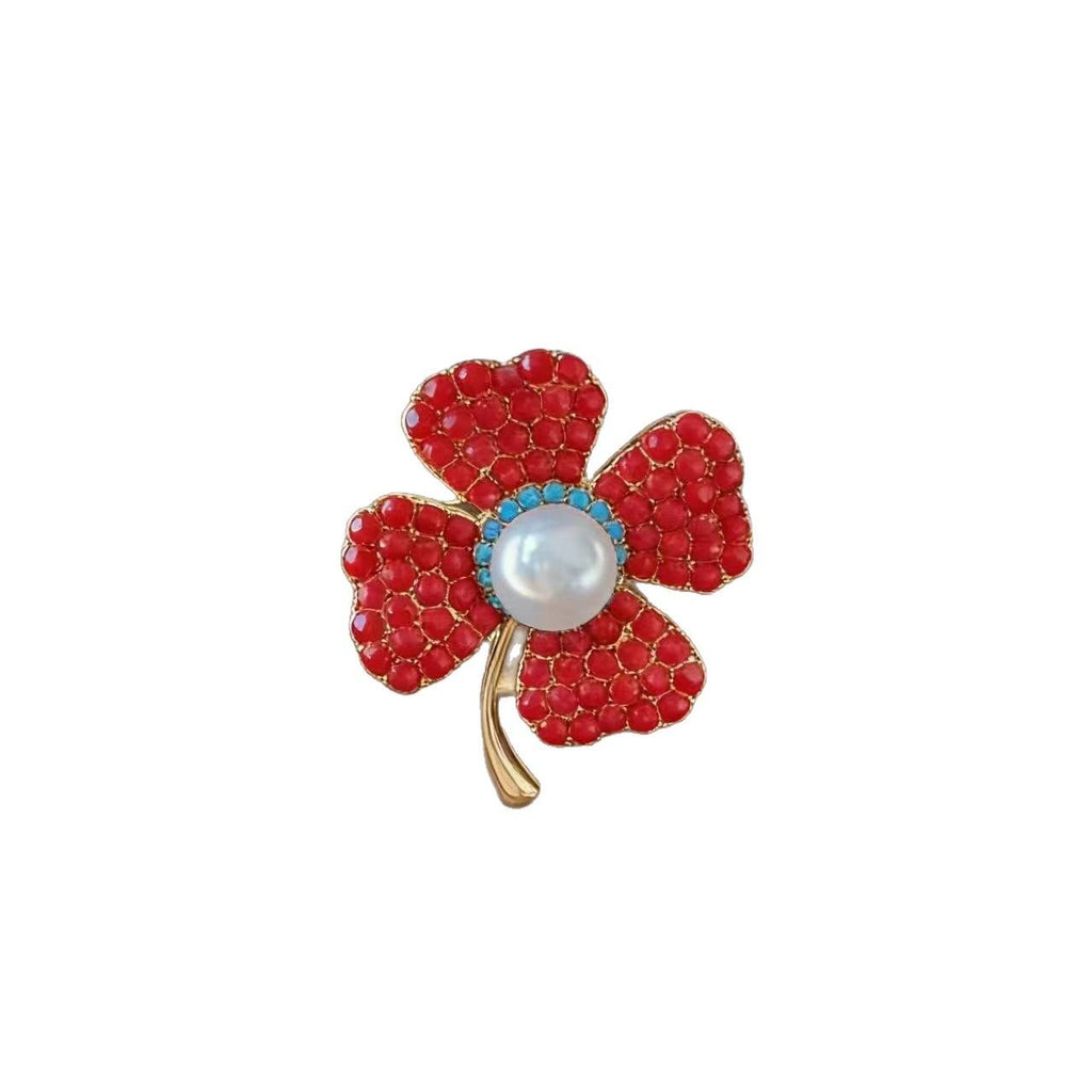 Imitation Turquoise Four-Leaf Flower Brooch Female Inlaid High-Grade Exquisite Freshwater Pearl Pin Suit Coat Corsage Pin