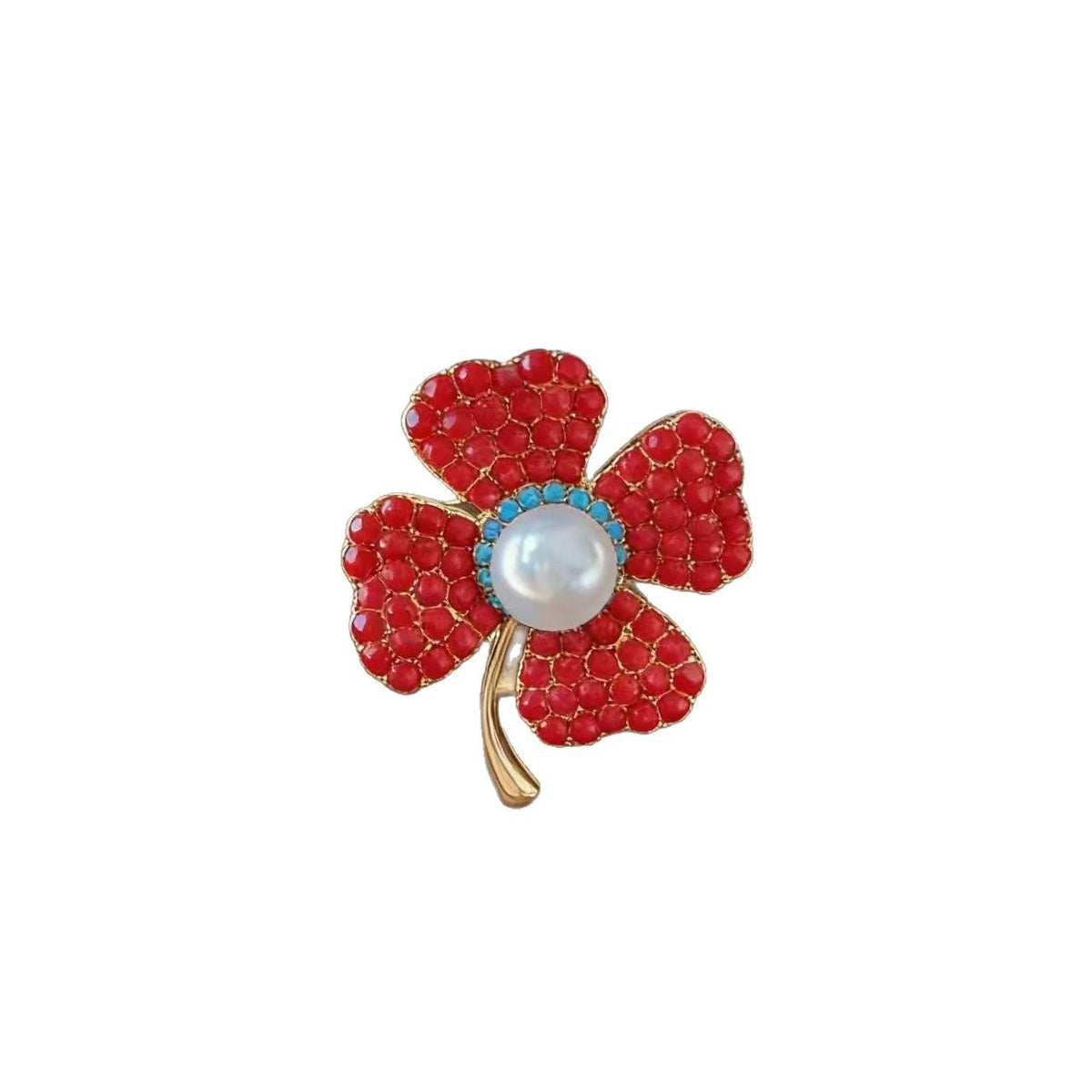 Imitation Turquoise Four-Leaf Flower Brooch Female Inlaid High-Grade Exquisite Freshwater Pearl Pin Suit Coat Corsage Pin