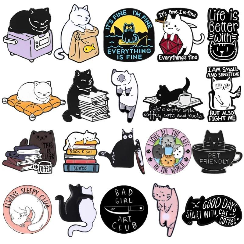 Cartoon Cute Black and White Cat Lazy Coffee Style Funny Creative Alloy Brooch Creative Accessories Badge