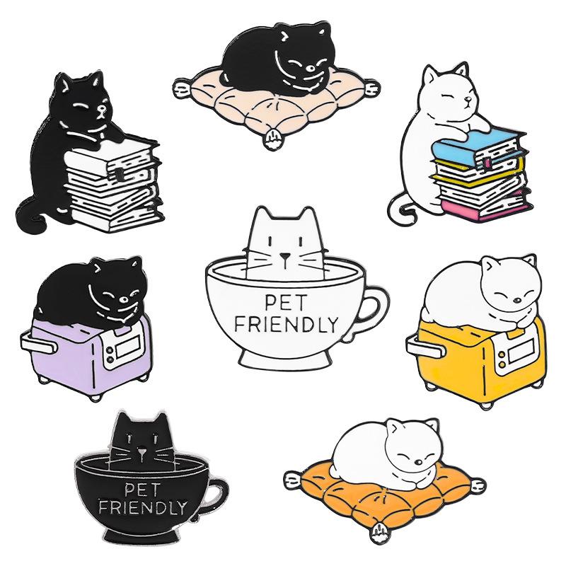 Cartoon Cute Black and White Cat Lazy Coffee Style Funny Creative Alloy Brooch Creative Accessories Badge