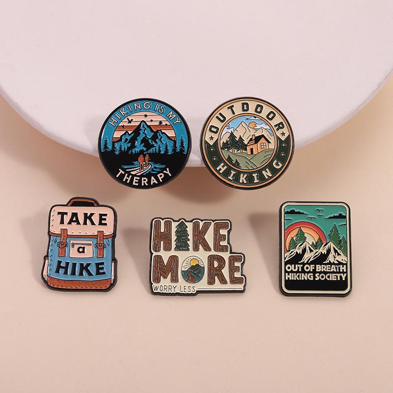 Qihe Cross-Border Hiking Theme Brooch Mountaineering Backpack Mountain Pattern Personalized Clothing Accessories Pin Badge Wholesale