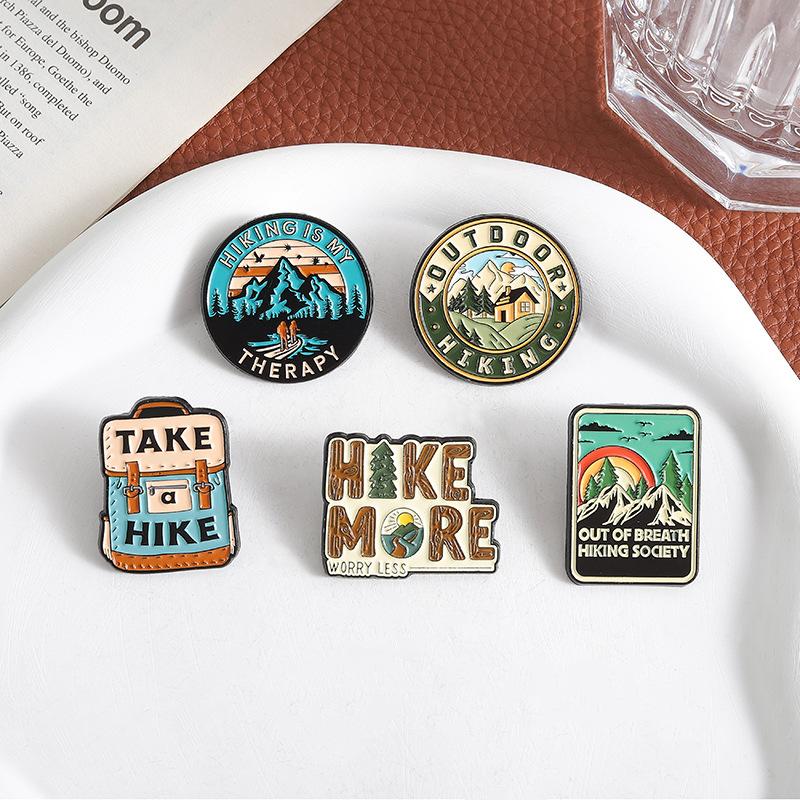 Qihe Cross-Border Hiking Theme Brooch Mountaineering Backpack Mountain Pattern Personalized Clothing Accessories Pin Badge Wholesale