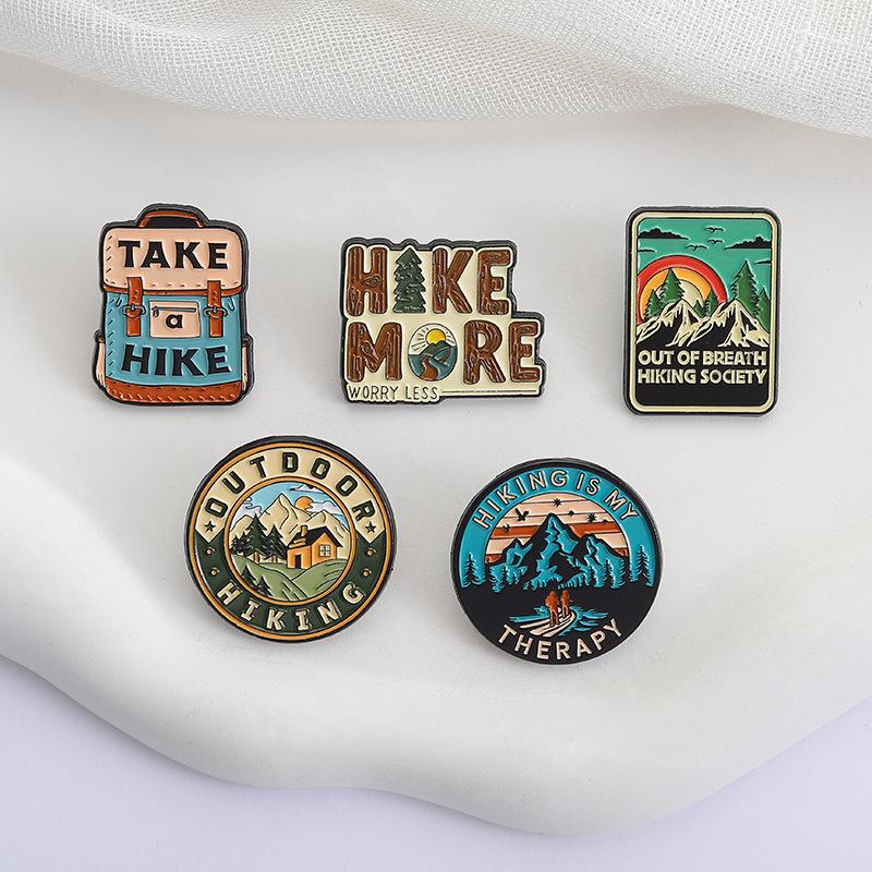 Qihe Cross-Border Hiking Theme Brooch Mountaineering Backpack Mountain Pattern Personalized Clothing Accessories Pin Badge Wholesale