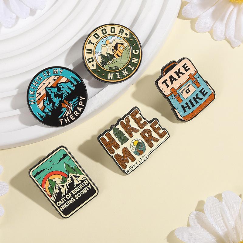 Qihe Cross-Border Hiking Theme Brooch Mountaineering Backpack Mountain Pattern Personalized Clothing Accessories Pin Badge Wholesale