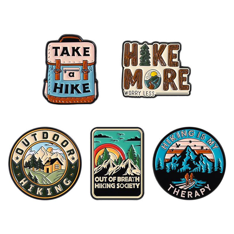 Qihe Cross-Border Hiking Theme Brooch Mountaineering Backpack Mountain Pattern Personalized Clothing Accessories Pin Badge Wholesale