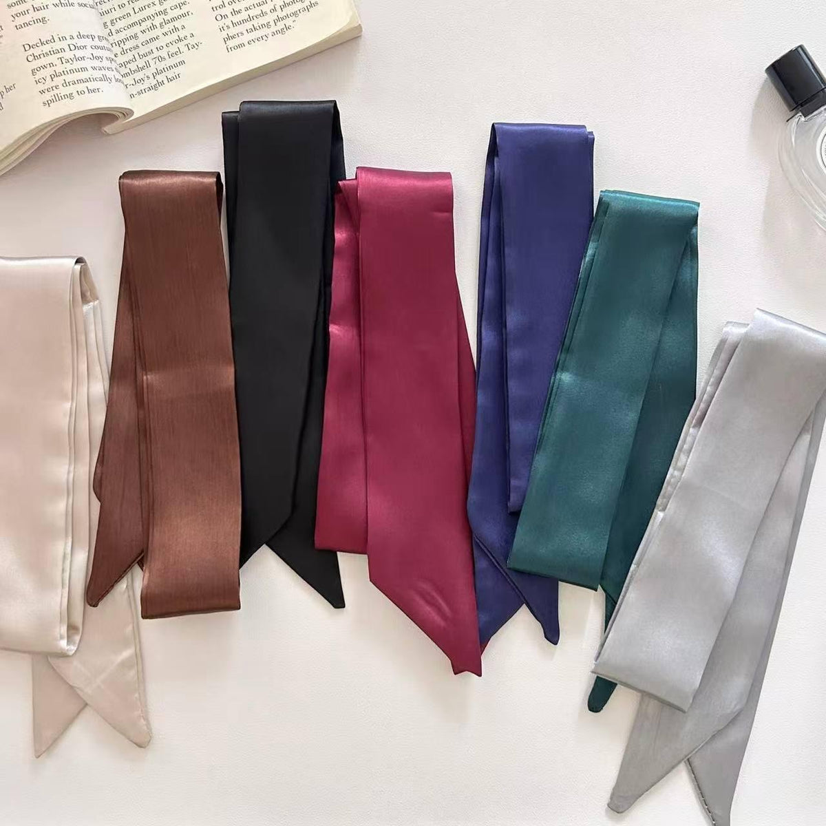 Korean Style Satin Solid Color Silk Scarf Thin Narrow Long Ribbon French Butterfly Tie Hair Ribbon High-Grade All-Match Scarf
