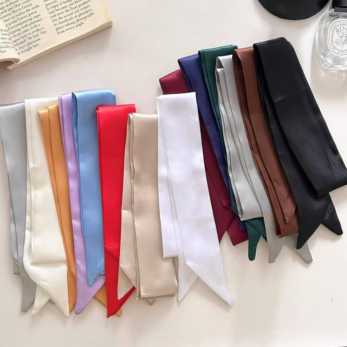 Korean Style Satin Solid Color Silk Scarf Thin Narrow Long Ribbon French Butterfly Tie Hair Ribbon High-Grade All-Match Scarf