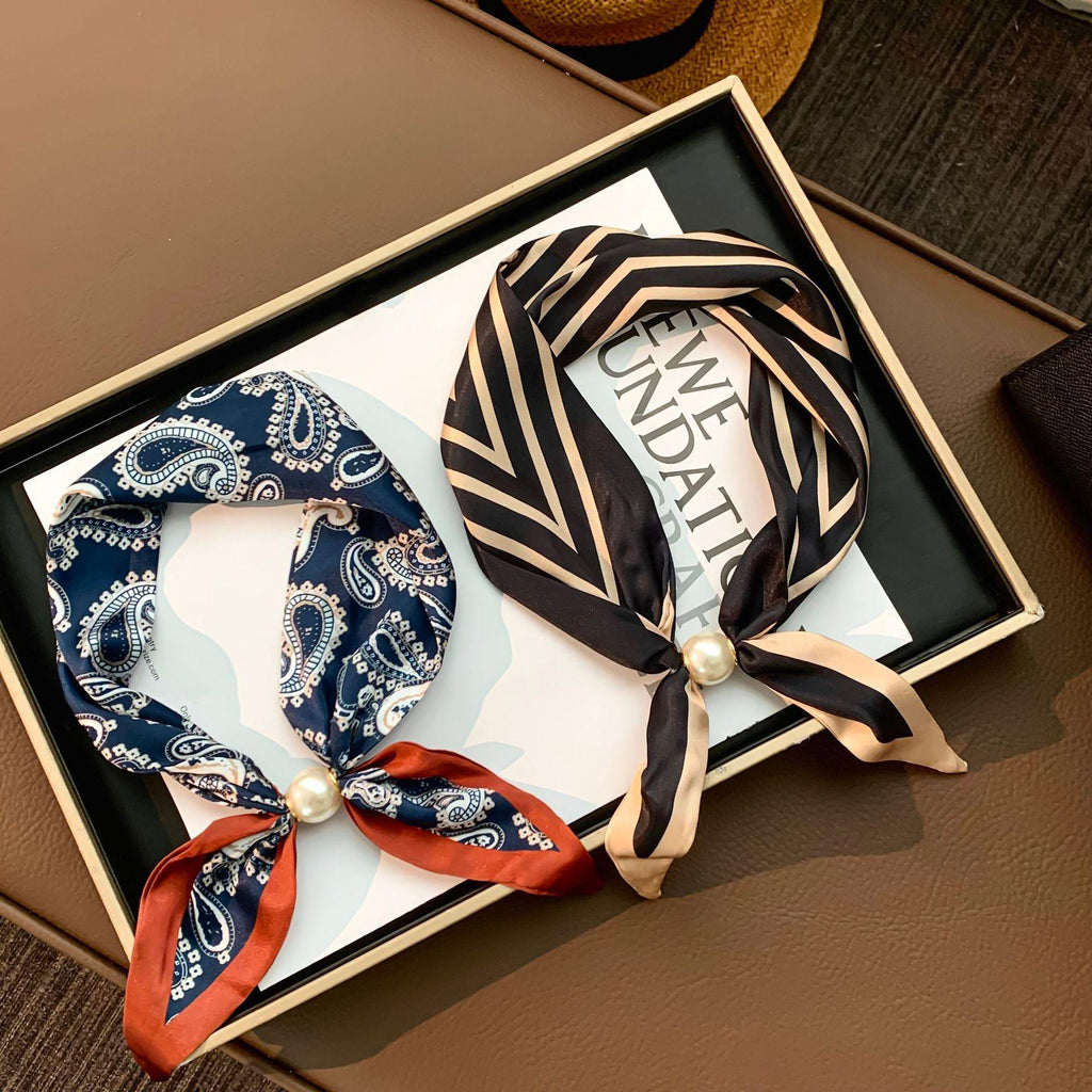 Silk Scarf Long New All-Match Artifact Neck Protection Necklace Accessories Clavicle Small Scarf Scarf Pearl Magnetic Suction Buckle Silk Scarf