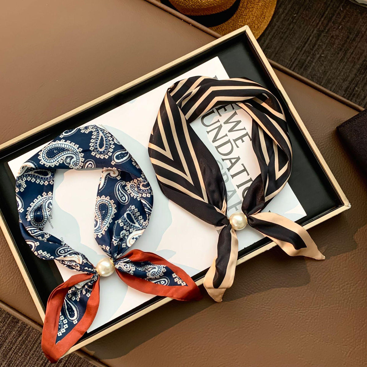 Silk Scarf Long New All-Match Artifact Neck Protection Necklace Accessories Clavicle Small Scarf Scarf Pearl Magnetic Suction Buckle Silk Scarf