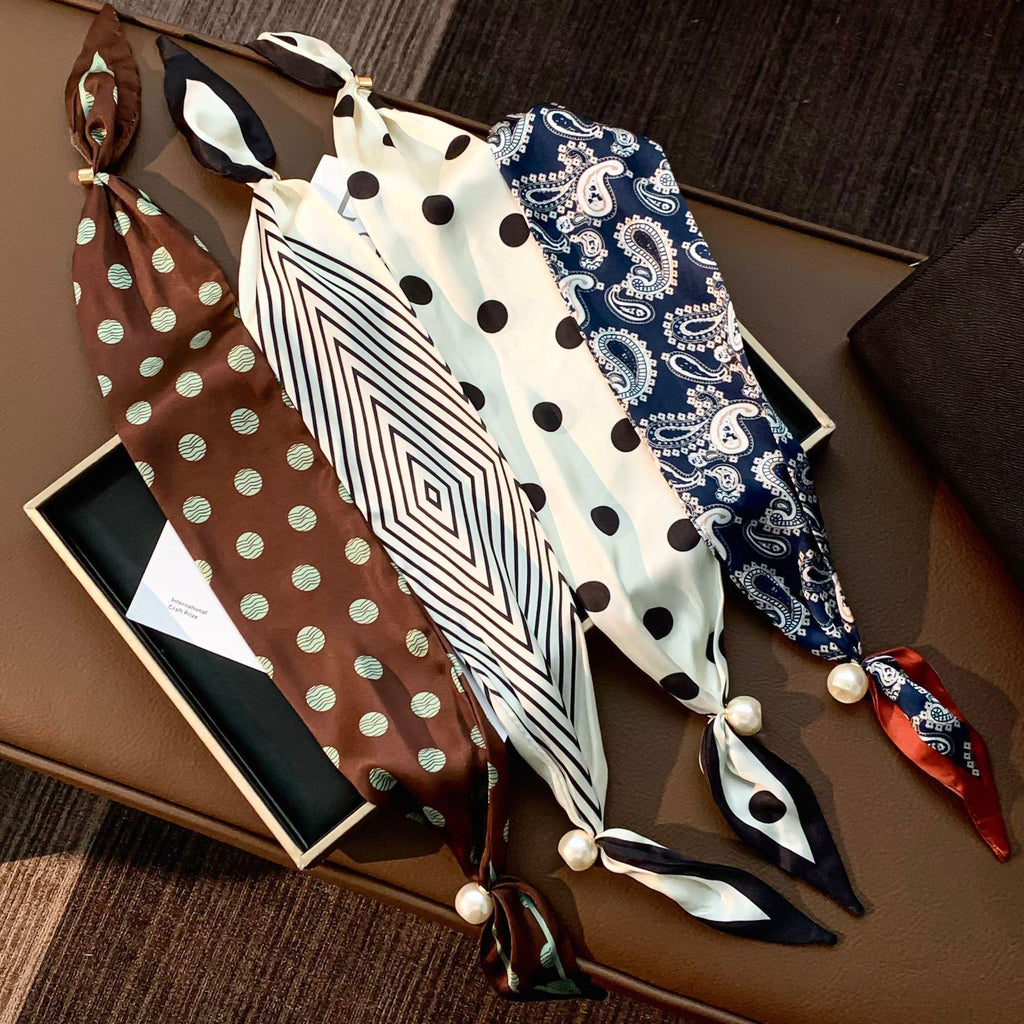 Silk Scarf Long New All-Match Artifact Neck Protection Necklace Accessories Clavicle Small Scarf Scarf Pearl Magnetic Suction Buckle Silk Scarf