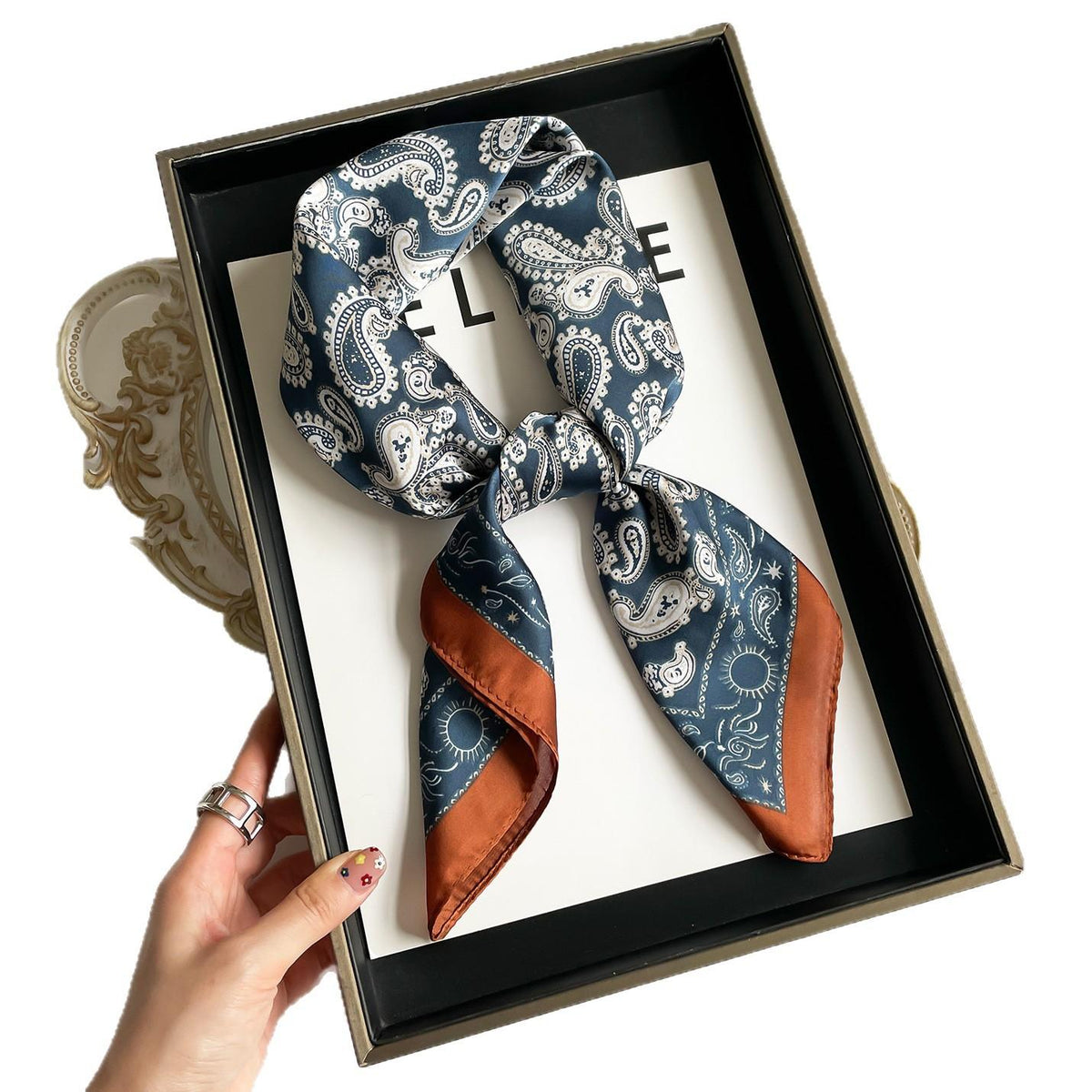 Navy Blue Cashew Scarf High-Grade Summer Neck Small Square Scarf Sun Protection Decorative Scarf Scarf Scarf Hair Band Belt