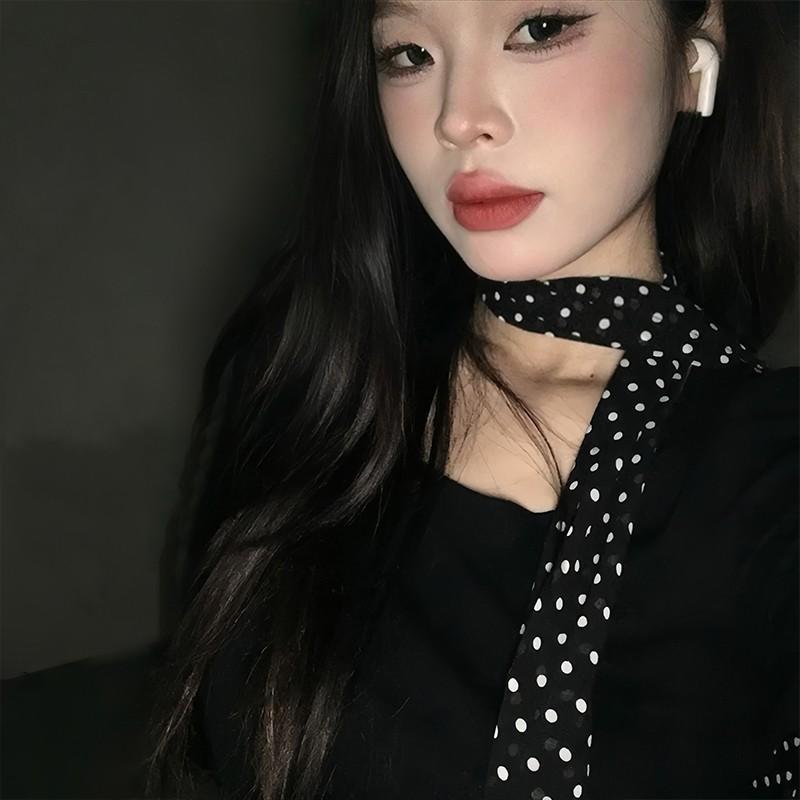 Autumn New Polka Dot Leopard Print Long Silk Scarf Women's High-Grade Temperament Ribbon Ribbon Sweet Belt Square Scarf Shawl