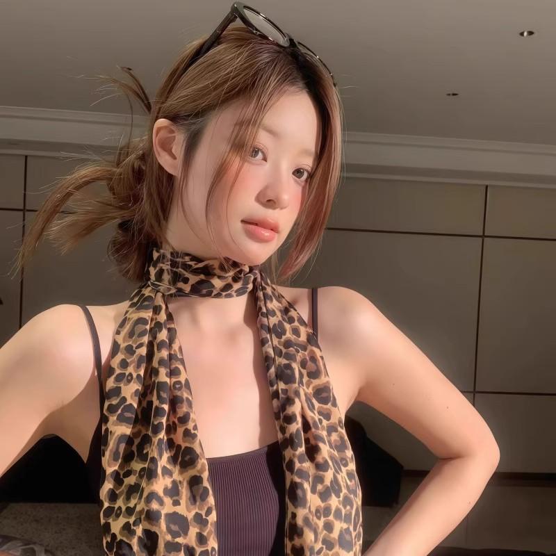 Autumn New Polka Dot Leopard Print Long Silk Scarf Women's High-Grade Temperament Ribbon Ribbon Sweet Belt Square Scarf Shawl