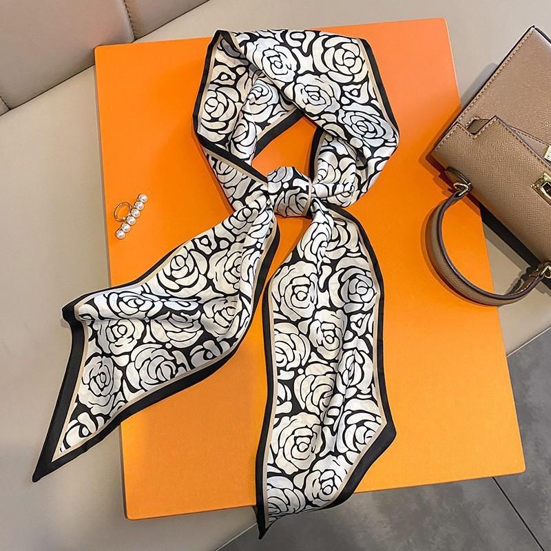 Long Silk Scarf Women's All-Match Small Square Scarf Spring and Autumn Summer Black Neck Scarf Matching Shirt Ribbon Ribbon Tie