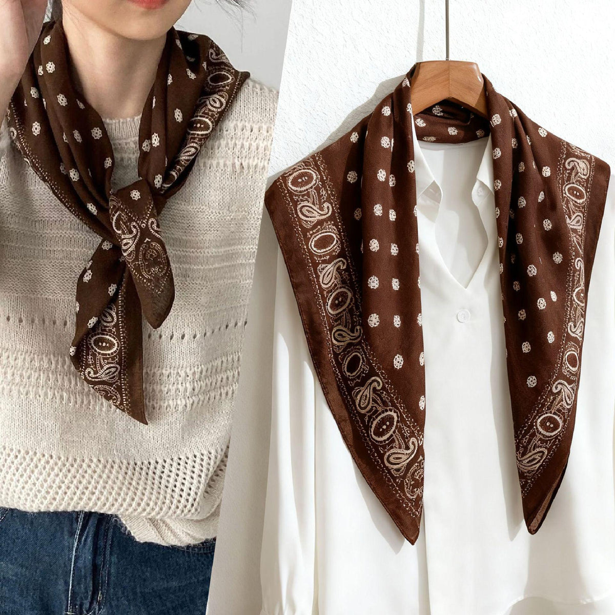 Cashew Flower Double-Sided Brown Small Square Scarf Scarf Scarf with Shirt Shawl Hair Band Tie Bag Cotton and Linen Scarf Fashion