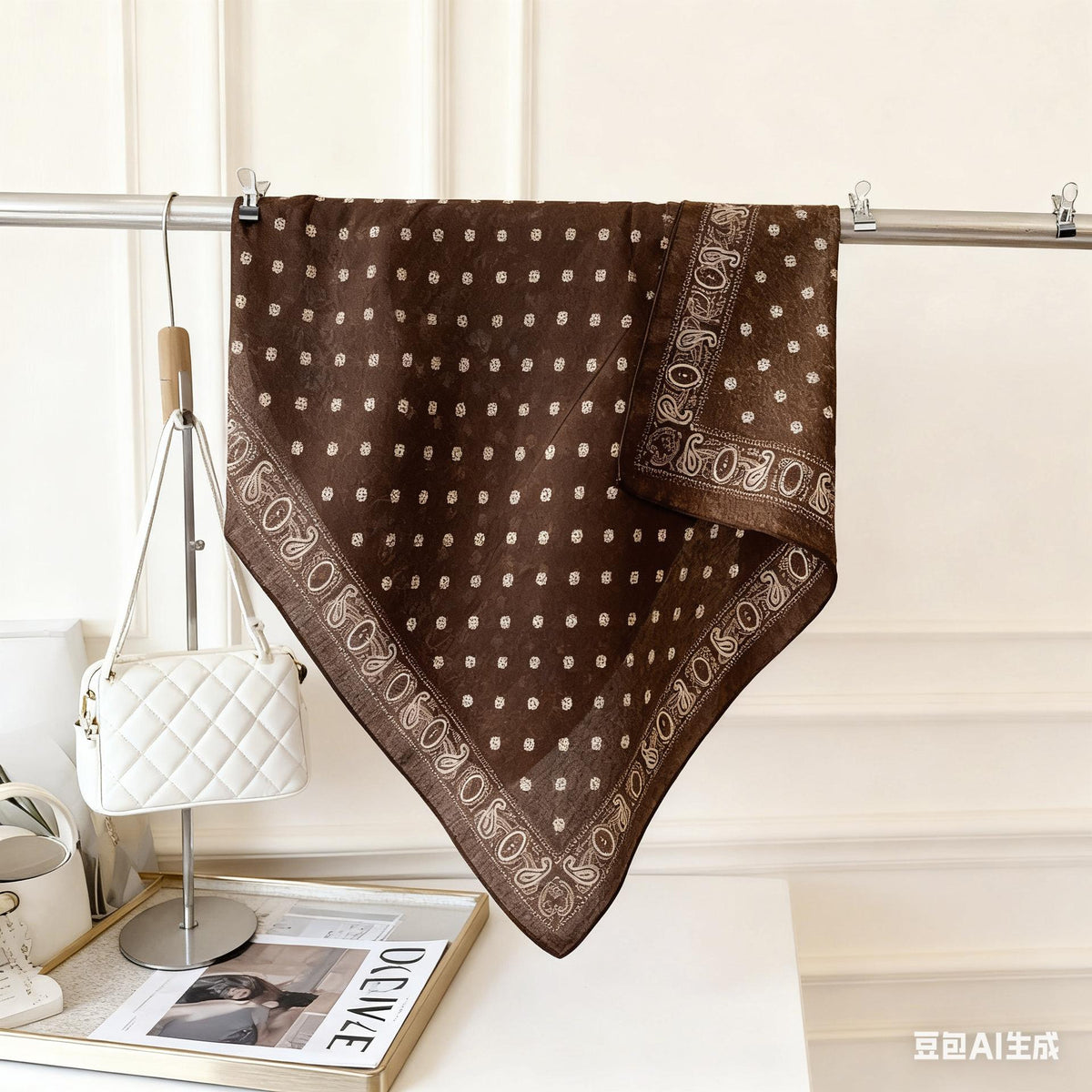 Cashew Flower Double-Sided Brown Small Square Scarf Scarf Scarf with Shirt Shawl Hair Band Tie Bag Cotton and Linen Scarf Fashion