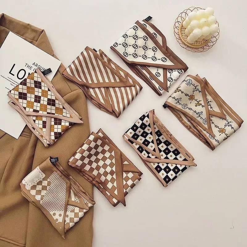 French Style High-Grade Coffee Color Scarf Simple Elegant Long Neck Scarf Multi-Functional Hair Tie Bag Small Ribbon