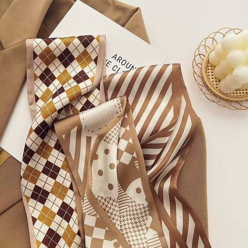 French Style High-Grade Coffee Color Scarf Simple Elegant Long Neck Scarf Multi-Functional Hair Tie Bag Small Ribbon