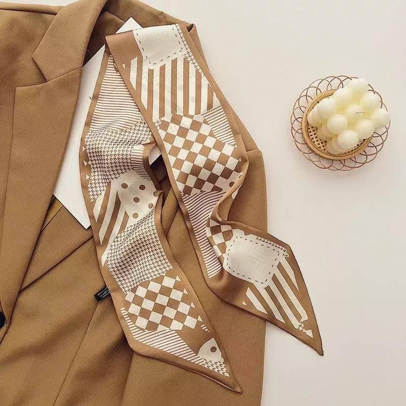 French Style High-Grade Coffee Color Scarf Simple Elegant Long Neck Scarf Multi-Functional Hair Tie Bag Small Ribbon
