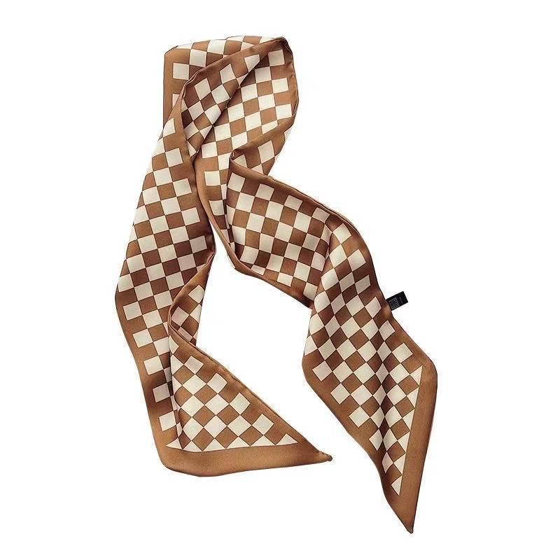 French Style High-Grade Coffee Color Scarf Simple Elegant Long Neck Scarf Multi-Functional Hair Tie Bag Small Ribbon