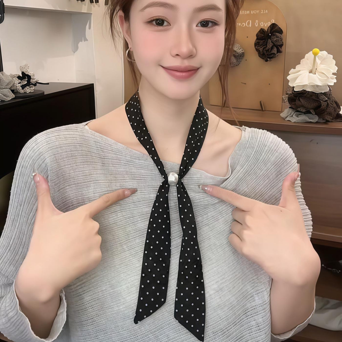 Retro Long Thin Narrow Beaded Small Scarf Women's Korean-Style Versatile Neck Scarf Decorative Shirt Sweater Accessories Thin
