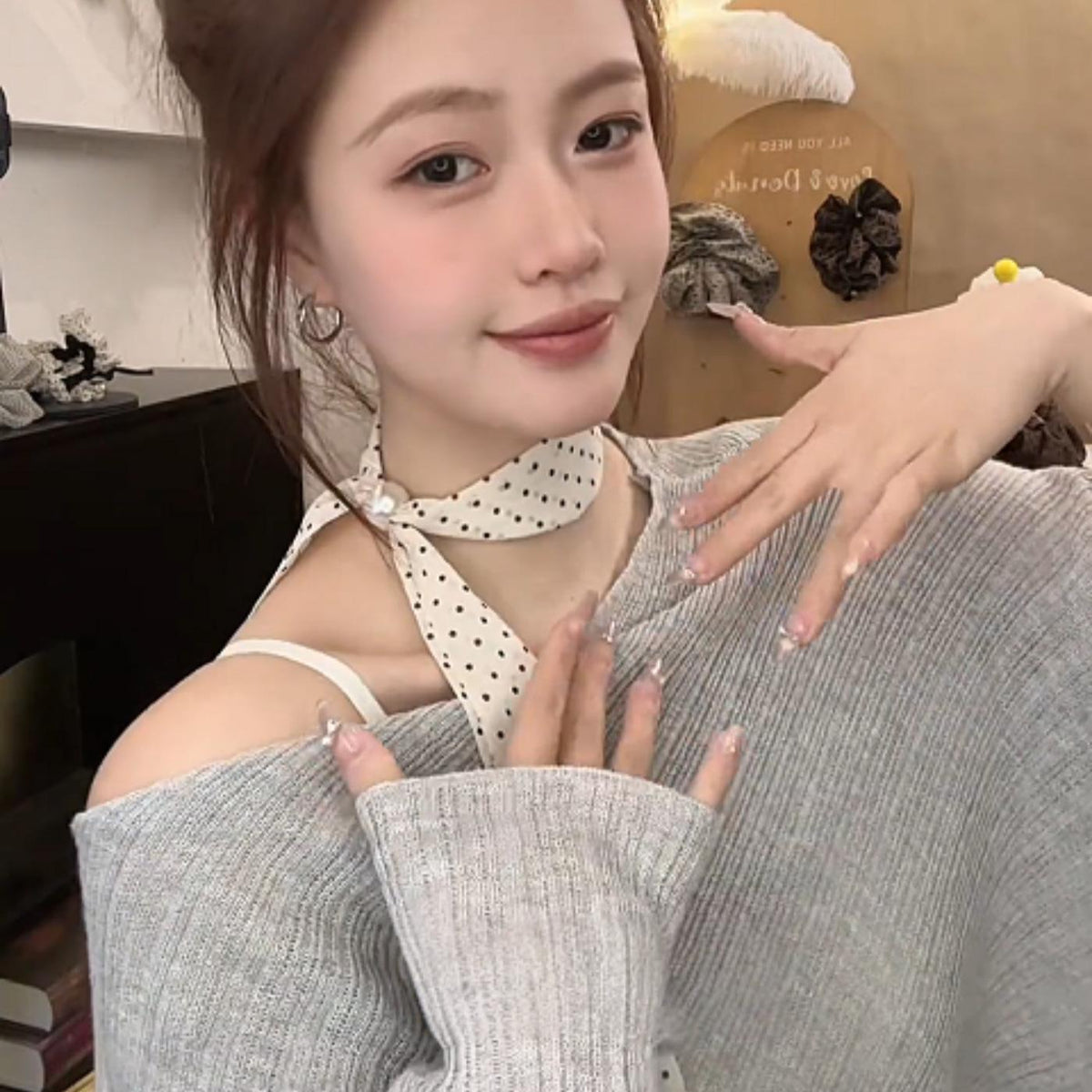 Retro Long Thin Narrow Beaded Small Scarf Women's Korean-Style Versatile Neck Scarf Decorative Shirt Sweater Accessories Thin