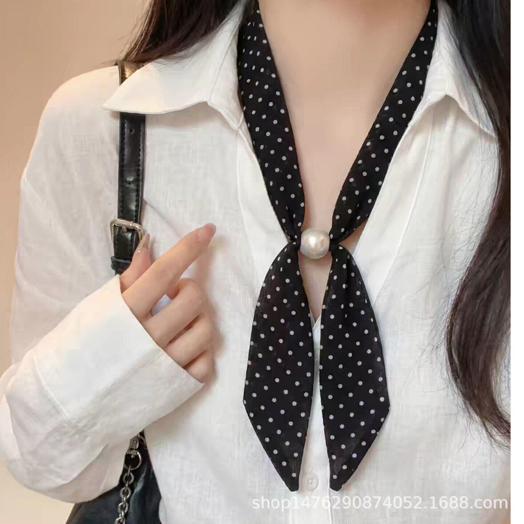 Gentle and Intelligent Korean Style Black Polka Dot Silk Scarf Beaded Necklace Neck Women's Niche High-End Design Accessories