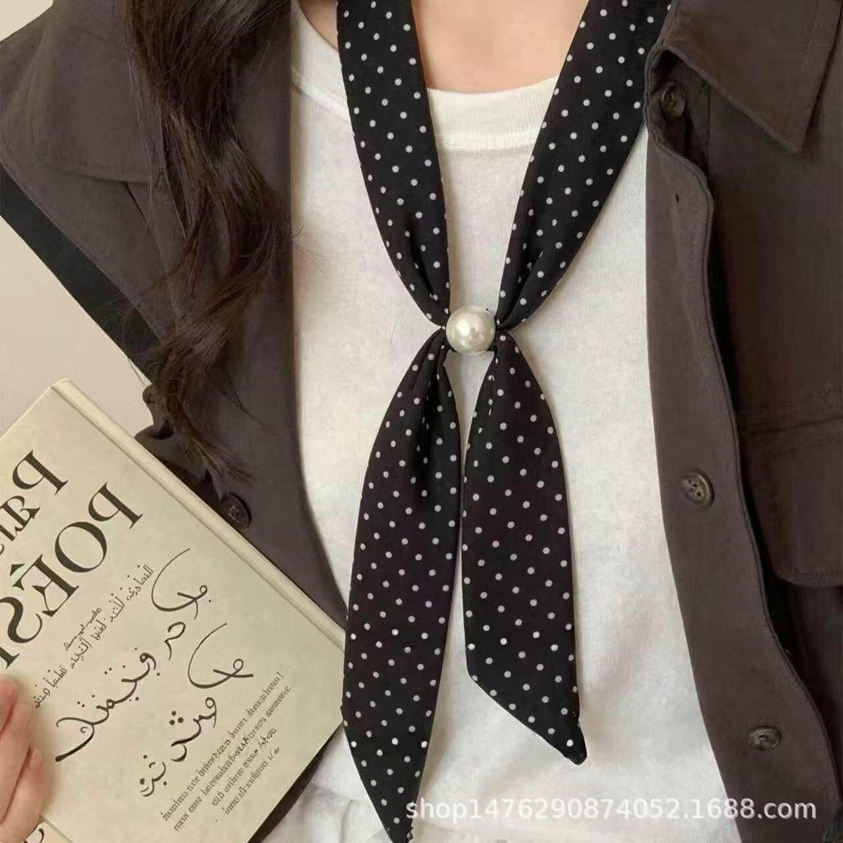 Gentle and Intelligent Korean Style Black Polka Dot Silk Scarf Beaded Necklace Neck Women's Niche High-End Design Accessories