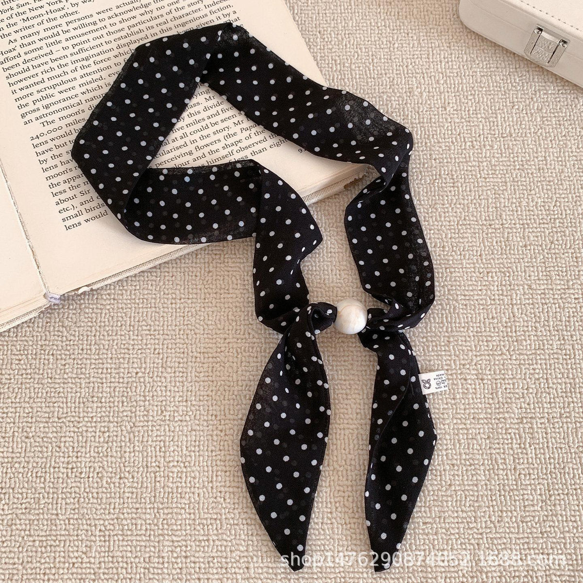Gentle and Intelligent Korean Style Black Polka Dot Silk Scarf Beaded Necklace Neck Women's Niche High-End Design Accessories