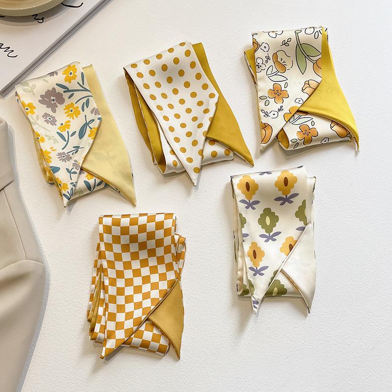New White Yellow Small Scarf Spring and Summer All-Match Long Bandage Hair Ribbon Double-Sided Printed Scarf Decoration