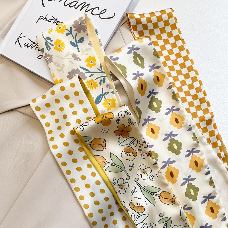 New White Yellow Small Scarf Spring and Summer All-Match Long Bandage Hair Ribbon Double-Sided Printed Scarf Decoration