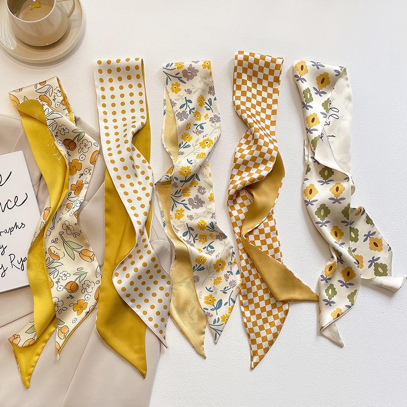 New White Yellow Small Scarf Spring and Summer All-Match Long Bandage Hair Ribbon Double-Sided Printed Scarf Decoration