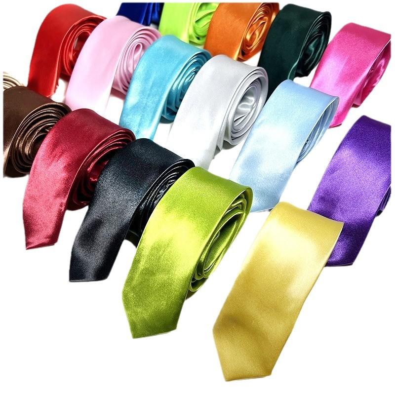 Korean Style Narrow Small 5cm Tie Solid Color Men's Artificial Silk Satin Shirt Accessories Black and White Casual Logo