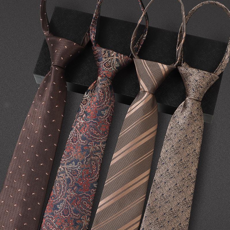 Champagne Tie Men's Coffee Color Business Knot-Free Zipper Retro Striped Wedding Bridegroom Hand-Beating Lazy Brown