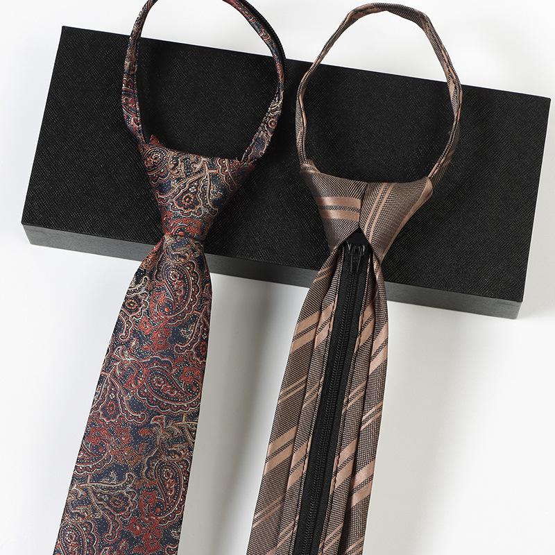 Champagne Tie Men's Coffee Color Business Knot-Free Zipper Retro Striped Wedding Bridegroom Hand-Beating Lazy Brown
