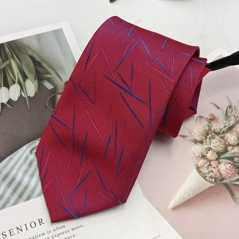 Men's Red Zipper Tie Easy to Pull Free Style Bridegroom Best Man Business Casual Tie Striped Yarn-Dyed 8cm