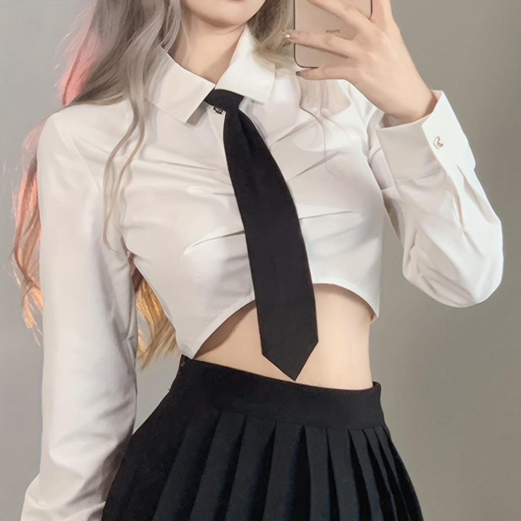 Women's Solid Black Tie Uniform Shirt Suit Lazy Tie Suitable for Daily Use