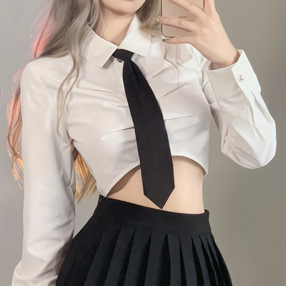 Women's Solid Black Tie Uniform Shirt Suit Lazy Tie Suitable for Daily Use