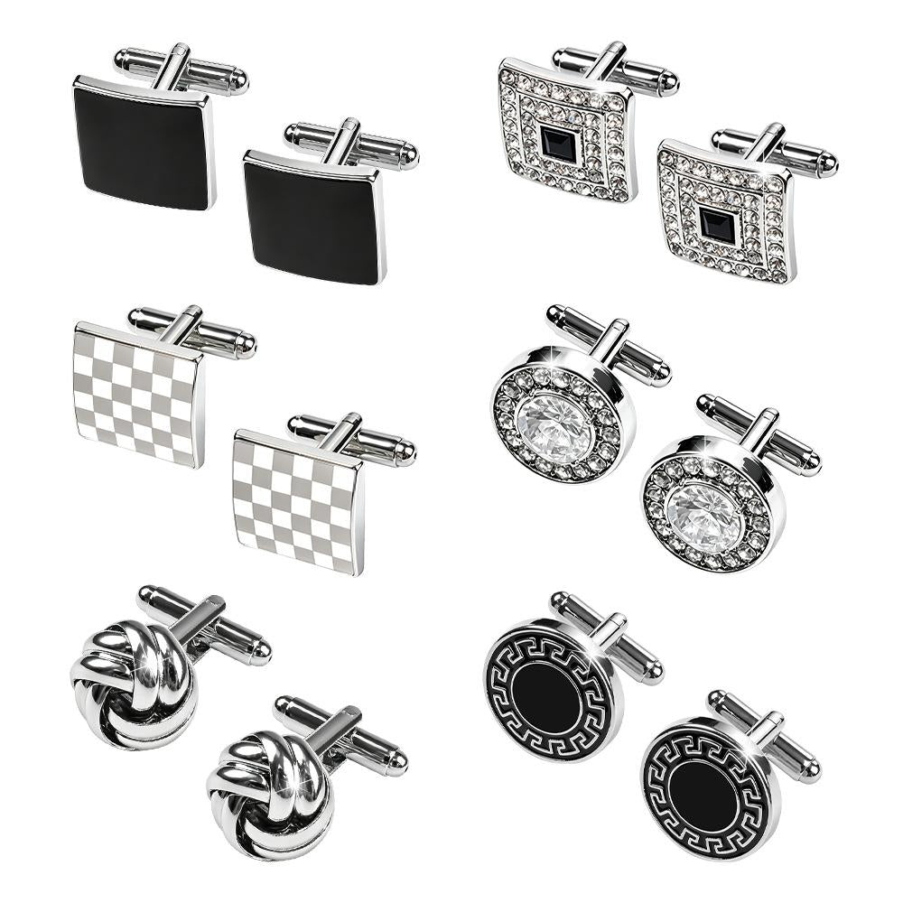 6PCs French Suit Cufflinks Creative Hollow Twist Cufflinks Square round Paint Diamond-Embedded Shirt Cufflinks Men