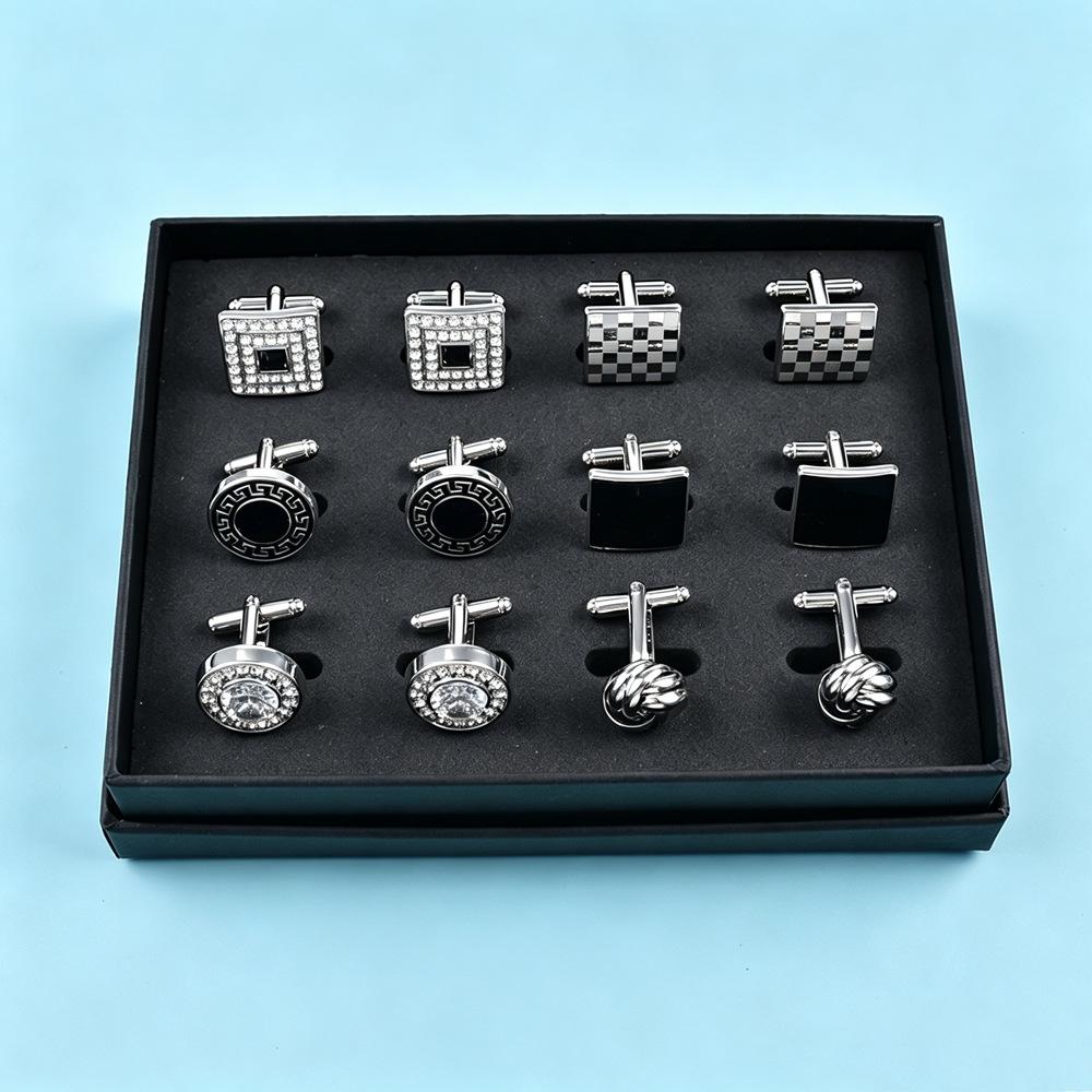 6PCs French Suit Cufflinks Creative Hollow Twist Cufflinks Square round Paint Diamond-Embedded Shirt Cufflinks Men