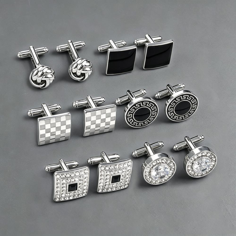 6PCs French Suit Cufflinks Creative Hollow Twist Cufflinks Square round Paint Diamond-Embedded Shirt Cufflinks Men