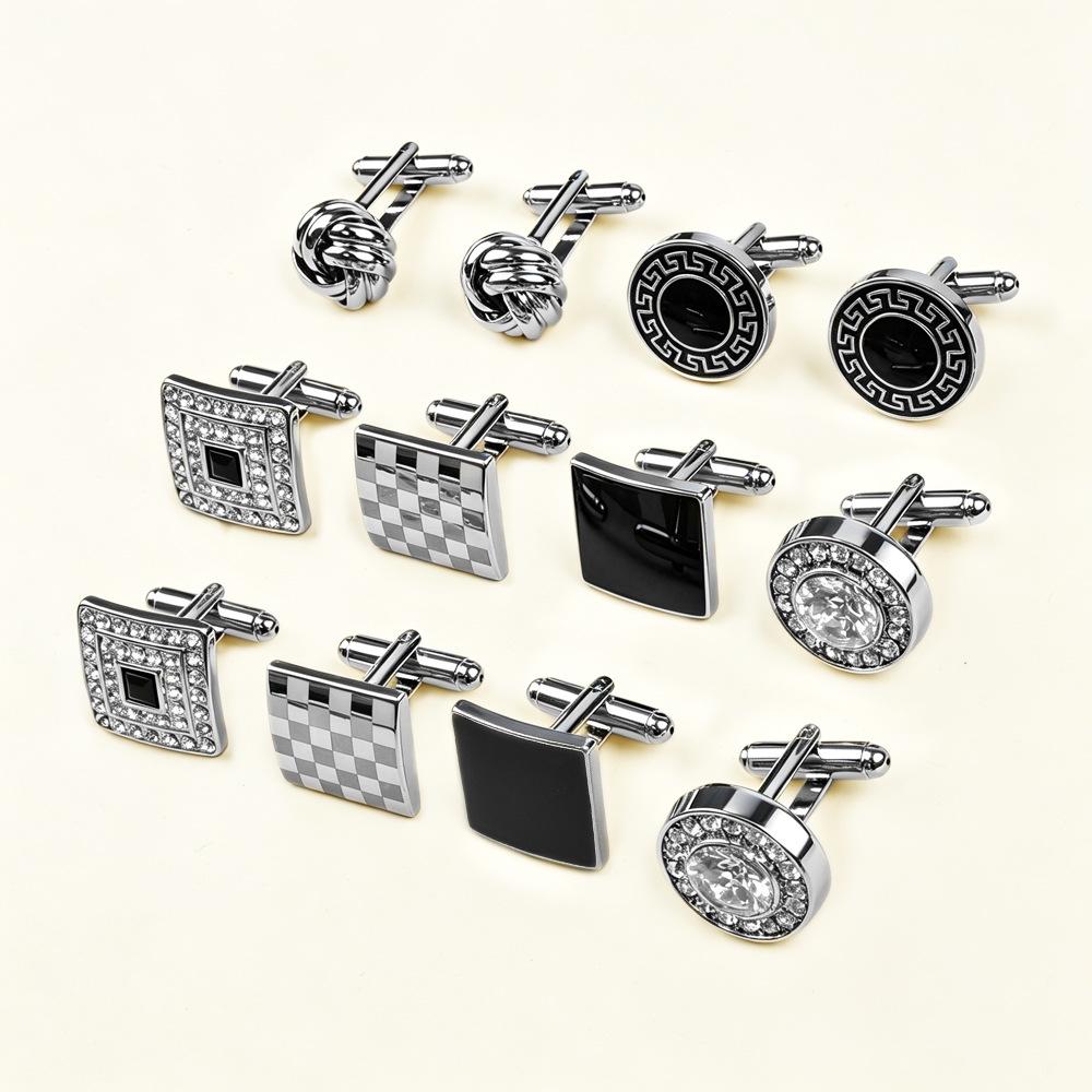 6PCs French Suit Cufflinks Creative Hollow Twist Cufflinks Square round Paint Diamond-Embedded Shirt Cufflinks Men