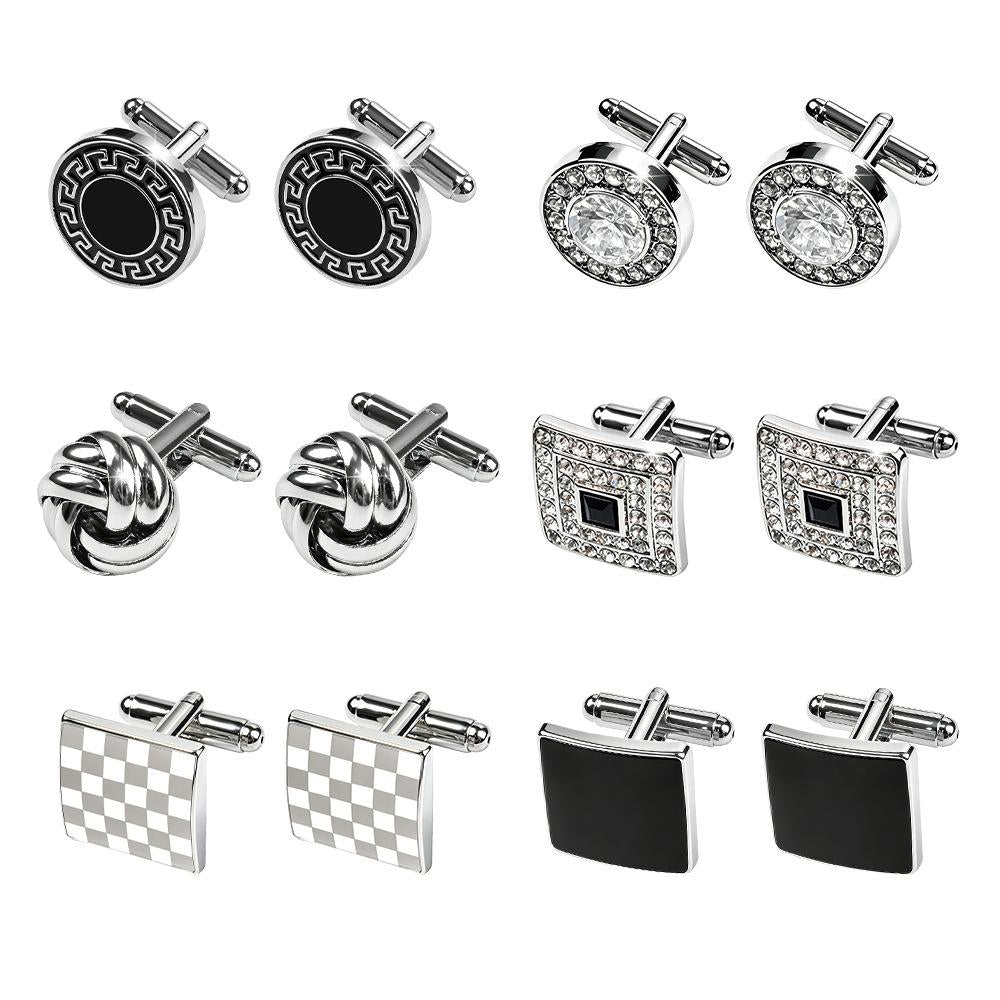 6PCs French Suit Cufflinks Creative Hollow Twist Cufflinks Square round Paint Diamond-Embedded Shirt Cufflinks Men